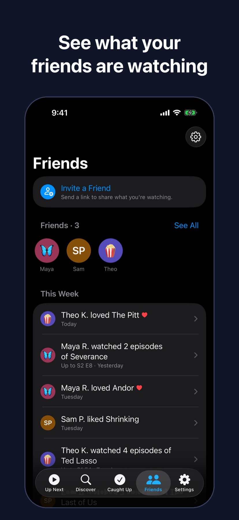 Screen Night's Friends tab, captioned &ldquo;See what your friends are watching&rdquo;: your friends and what they watched and loved this week.